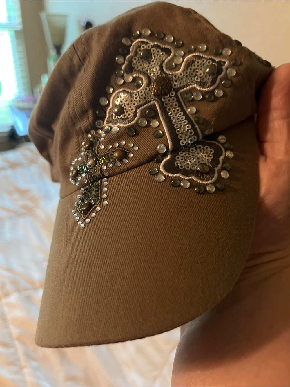 Embellished Cross Baseball Cap in Brown